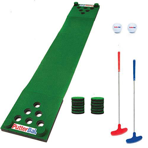 putterball golf beer pong game set includes 2 putters, 2 golf balls, green putting beer pong